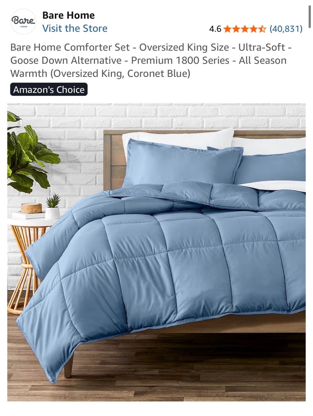Bare Home Oversized King Size Comforter Set in Coronet Blue